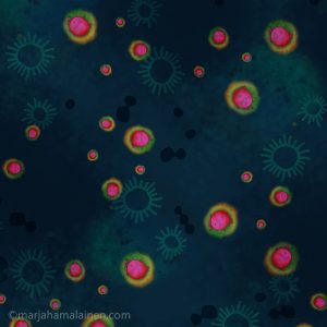 Biologia collection pattern 02. Pink bubbles and blue rings floating on dark blue background. Biology inspired design.