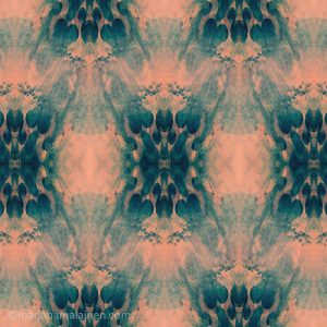 Peach and teal collection pattern 02. Layered abstract motifs in teal on peach background.