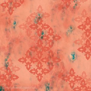 Peach and teal collection pattern 04. Closters of motifs floating on Textured peach background with small faded teal details.