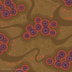 Sedimentation_001. Clusters of purple and orange dots on light brown textured background.
