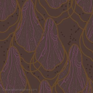 Sedimentation_002. Purple textured shapes and brown loops on grey background.