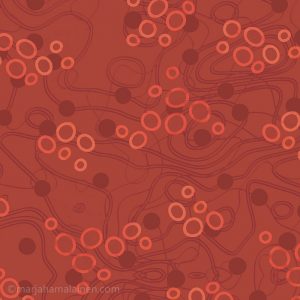 Sedimentation_005. Circles and dots in shades of red and orange on textured background.