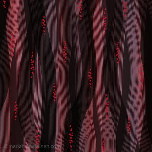 Thrive 05. Thin and wide layered black stripes on pink purple background with clusters of red dots.