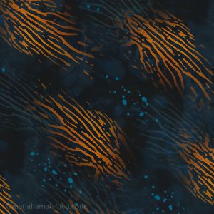 Orange nature inspired shapes floating diagonally on dark blue gouache background. All-over print seamless repeat pattern.