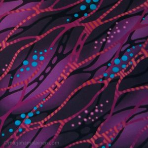 Psychedelic wavy lines pattern in shades of pink, purple, burgundy and turquoise, printed on fabric.